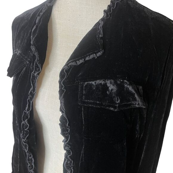 Chico’s Silk Blend Velvet Cardigan Style Jacket With Ruffle Detail - Picture 11 of 14